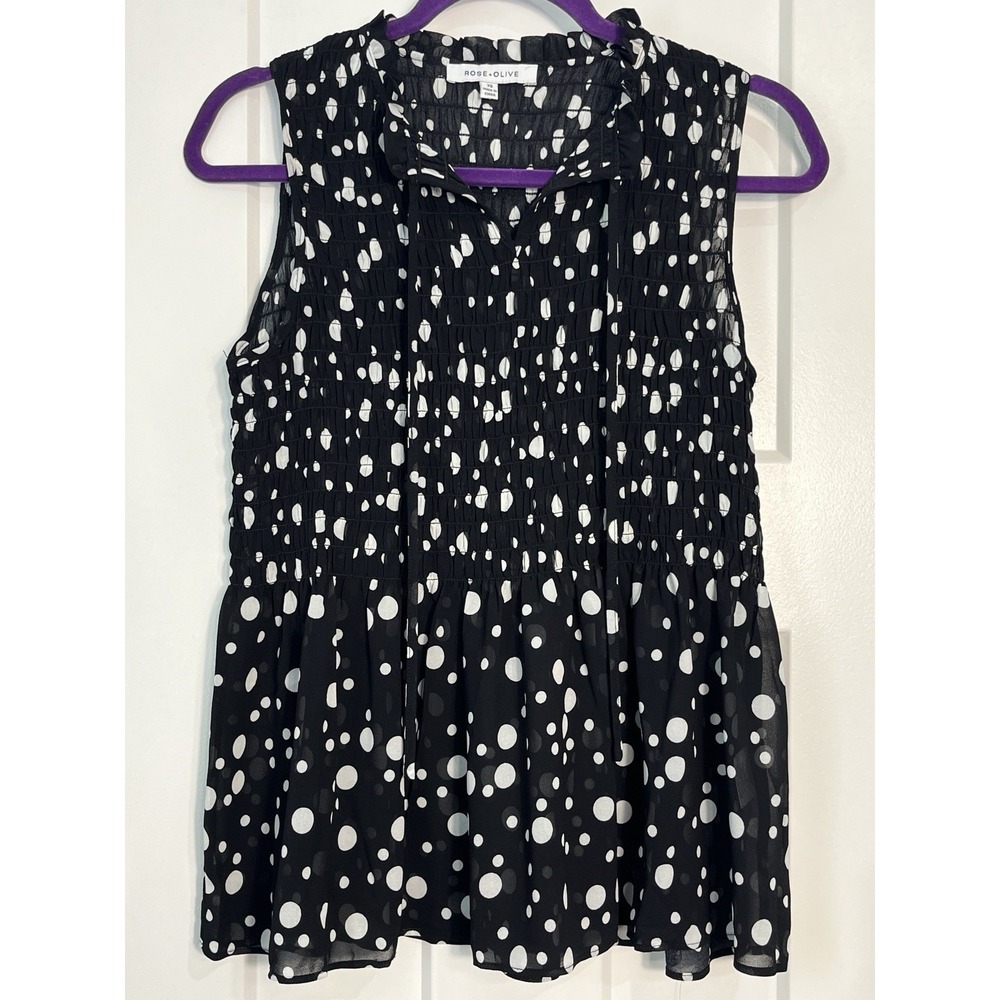Women's Polka Dot Black w/White Top XS Whimsical Smocked Flowing Semi Sheer - Picture 2 of 11